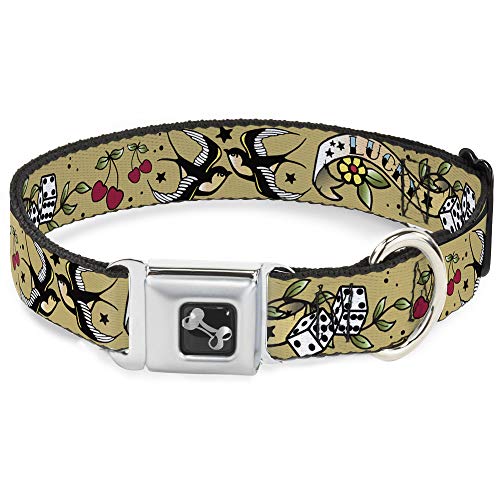Dog Collar Seatbelt Buckle Lucky Tan 16 to 23 Inches 1.5 Inch Wide