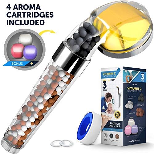 Filtered Shower Head – Vitamin C Shower Head - Softens Hard Water - Removes Chlorine, Fluorine and Odors - 4 Scented Replaceable Blocks (Vitamin C, Lavender, Jasmine & Rose) - Mineral Balls