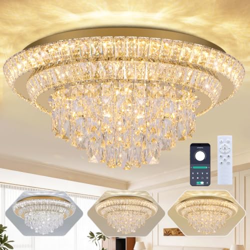 24 inch Crystal Chandeliers With Remote and APP Control, Modern Luxury Flush Mount Gold Ceiling Light, 3CCT Dimmable Brightness Adjustable,SUS 304, For Living/Dining Room Kitchen Bedroom Hallway Foyer