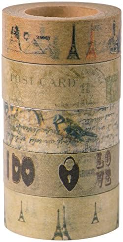 Antique Washi Tape Set (Japanese Masking Tape) by MIKOKA, 0.6 Inches Wide, 32.8 Feet Long, 5 Rolls - Vintage Fantasy