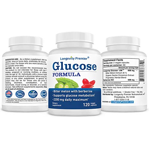 Longevity Glucose Formula with Bitter Melon 600mg and Berberine 500mg for Blood Sugar Support. Best Blood Sugar Formula