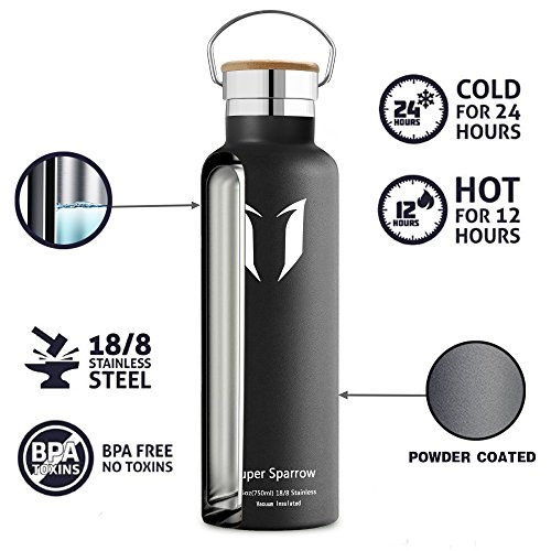 Super Sparrow Stainless Steel Vacuum Insulated Water Bottle, DStandard Mouth -350ml-620ml- 500ml & 750ml & 1L - BPA Free - with 2 Exchangeable Caps + Bottle Pouch (Black, 620ml-21oz) - Thumbnail 3