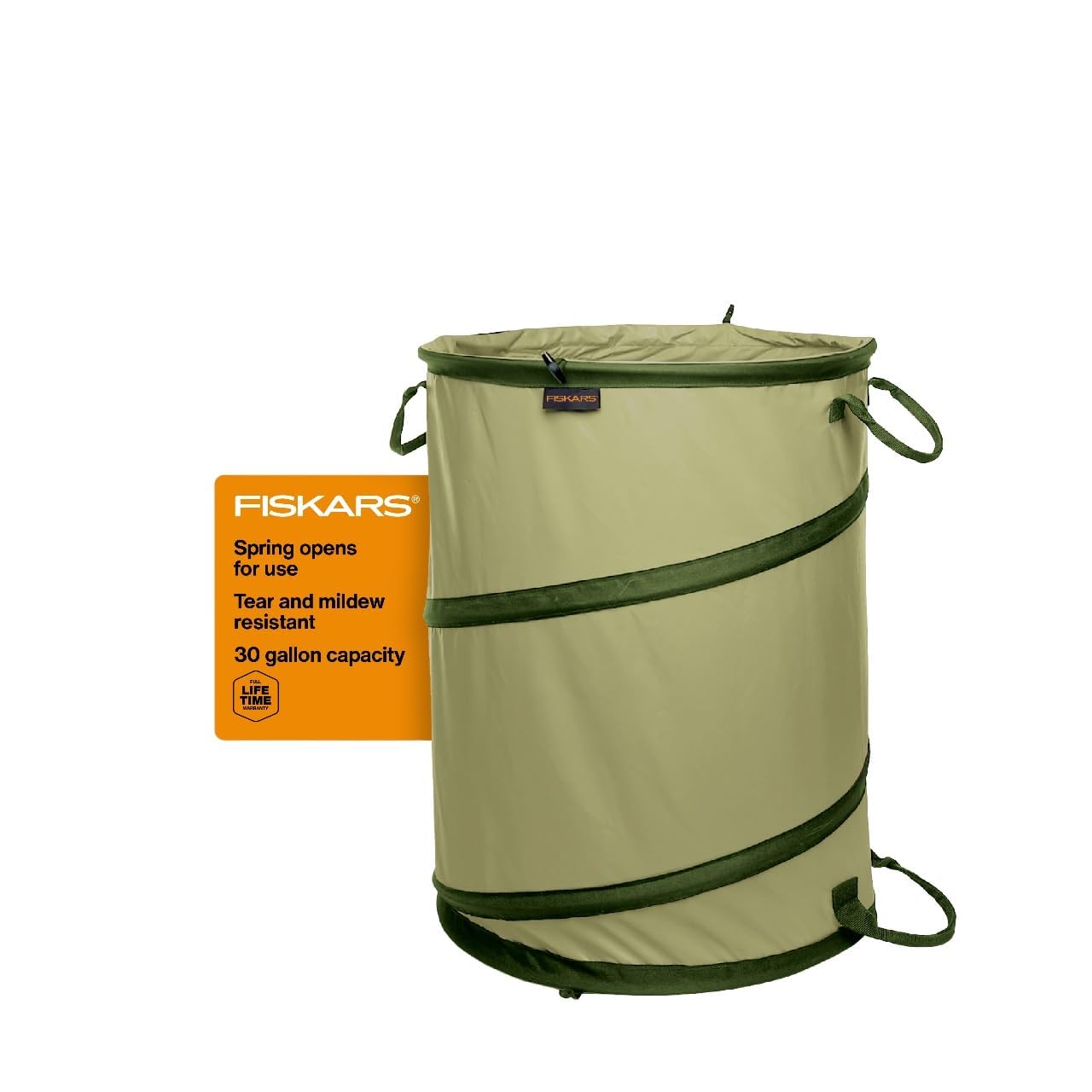 Fiskars Kangaroo Bolsa de jardín plegable con resorte para desechos de jardín, césped, ramas y malezas, poliéster recubierto de vinilo resistente al desgarro y al moho, se pliega hasta 3 pulgadas para ahorrar espacio, 30 galones