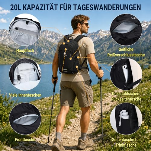 ONETOALL Hiking Backpack for Men and Women, 20 L, Lightweight Small Daypack, Waterproof Backpack with Rain Cover for Day Hikes, Short Tours, Cycling, Commuting, Only 510 g