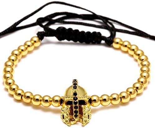 Mens Charm Bracelet Spartan Helmet Macrame Yellow Gold Plated Adjustable