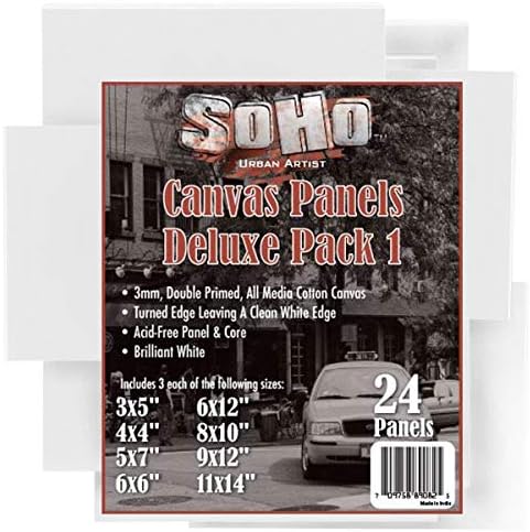 Soho Artist Canvas Panels Bulk Pack (24) Professional Quality Painting Art Boards - All Media Cotton Canvas, Acid-Free Double Primed -3 Each: 3x5 4x4 5x7 6x6 6x12 8x10 9x12 11x14-24 Multi-Pack [#1]