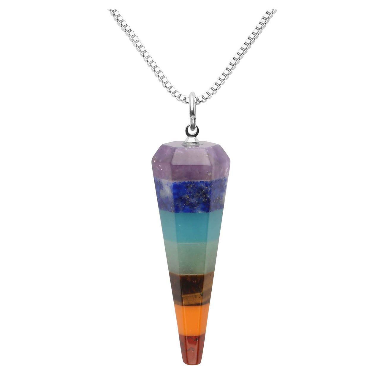 Jovivi 7 Chakra Gemstone Pendant Necklace with Hexagonal Pointed Energy Healing Crystal Pendulum-Dowsing,Scrying,Reiki
