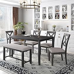 6 Pieces Dining Table Set, Wood Rrectangle Table