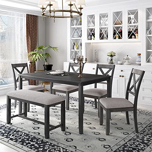 6 Pieces Dining Table Set, Wood Rrectangle Table