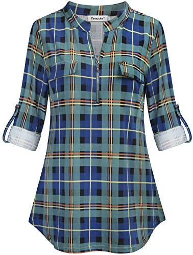 Tencole Women Rolled Sleeve Plaid Tunic Shirt Casual V Neck Zipper Front Blouse