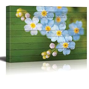 Small Blue and White Flowers Over Green Wood Panels - Canvas Art Home Art - 12x18 inches