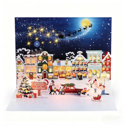 MZD8391 Christmas Card with Music & Lights, 3D Pop Up Christmas Cards Gifts, Xmas Snow Town Greeting Card for Mother, Father, Daughter, Son (Envelope Included)
