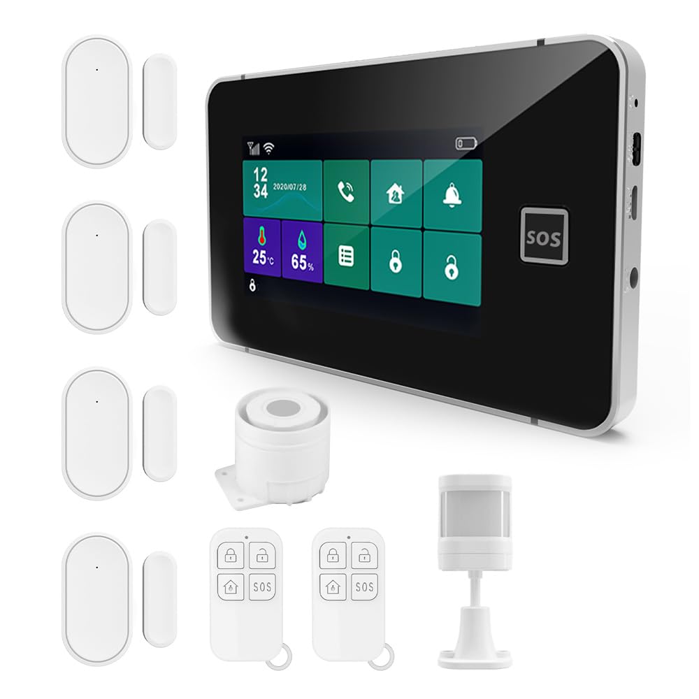 Swokely 2G/WiFi GSM Tuya Wireless Home Alarm System 4.3-inch Full Touch Screen Alarm Panel SOS Anti-theft Alarm Temperature and Humidity Wireless Alarm System for Home Security