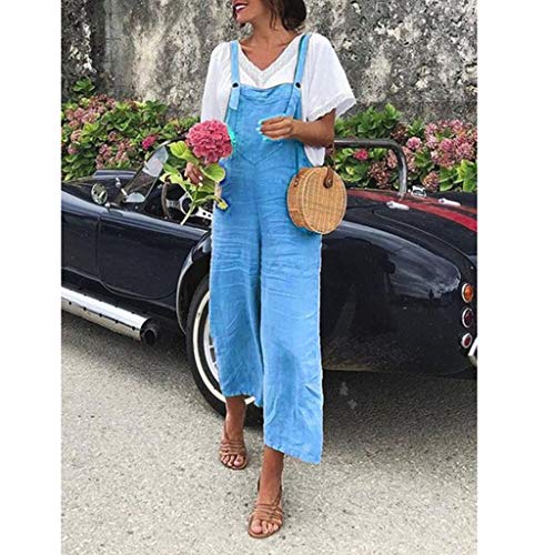 Aniywn Women's Baggy Plus Size Cotton Linen Jumpsuits Overalls Wide Leg Loose Pants Casual Rompers Blue