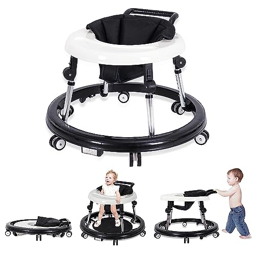 Hcosmy Baby Walker Foldable with 9 Adjustable Heights, Baby Walkers and Activity Center for Boys Girls Babies, Baby Walker and Bouncer Combo with Wheels Portable Anti-Rollover