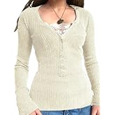 EMMIOL Long Sleeve Henley Shirts for Womens - V Neck Button Ribbed Knit Tops Slim Fit Casual Trendy Lace Tunics Blouse
