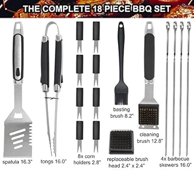 grilljoy Birthday Gift with Wrapping Box for Man Woman - 18pcs BBQ Grill Accessories Set - Stainless Steel Barbecue Grilling Utensil Kit with Non-Slip Handle in Aluminum Case Set