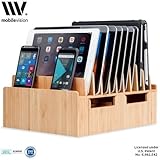 MobileVision Bamboo 10-Port Charging Station & Docking Organizer for Smartphones & Tablets, Family-Sized, for use in Corporate Offices & Classrooms