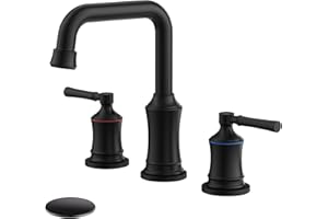 Bathroom Sink Faucet, Hurran Two Handle 8 inch Widespread Bathroom Faucet with Pop-up Drain, 360 Swivel Spout Lead-Free Stainless Steel Sink Faucet for Bathroom Sink, Vanity, RV, Matte Black