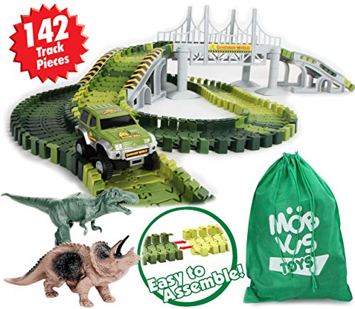 Dinosaur World Race Tracks - 142 Piece Playset, Toy Slot Car & 2 Dinosaur Toys + Storage Bag - Create a Jurassic Road Park Track with Bridge and Gate, for All Kids, Boys & Girls