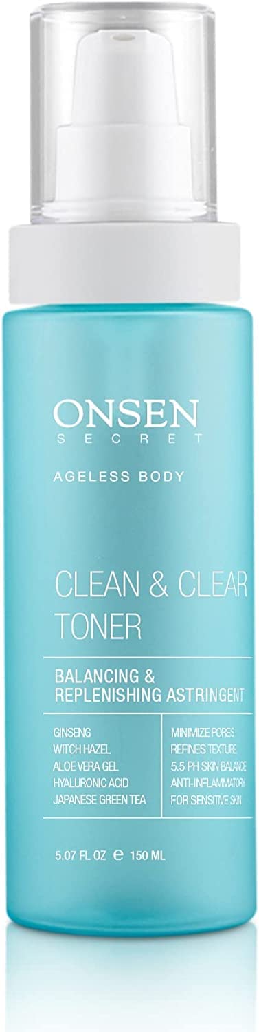 Onsen Secret Japanese Clean & Clear Face Toner - Balancing & Replenishing Astringent Daily Perfecting & Revitalizing Toner w/Witch Hazel, Japanese Green Tea, Botanical Extract Formula - 150ml