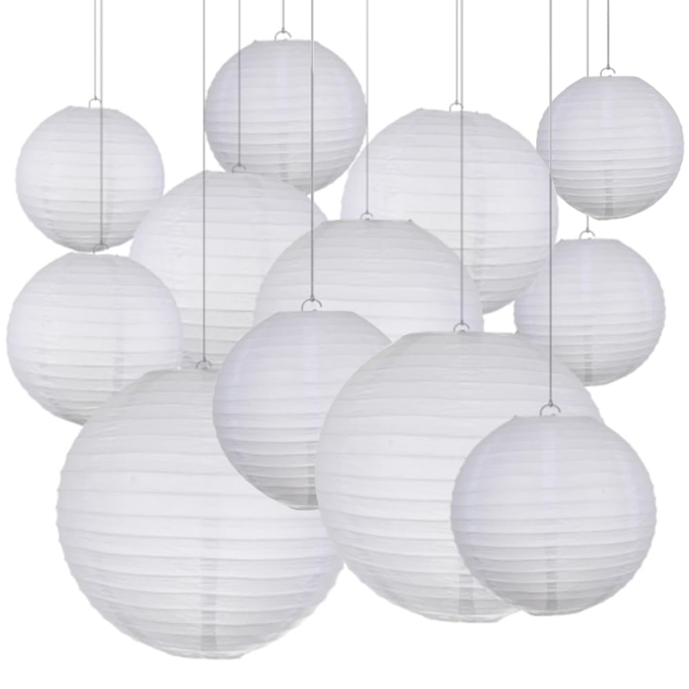 Paper Lantern, Pack of 12 Lanterns, White Paper Lantern, Hanging Round Paper Lanterns for Weddings, Birthdays, Celebrations, Garden Decoration (Sizes from 10/15/20/25/30 cm)