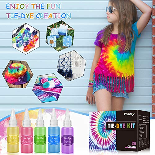 Tie Dye Kit, VSADEY 26 Colors Fabric Dye Party Kit Tie Dye Set Party Supplies with Pigments, Rubber Bands, Gloves, Apron and Table Cover for Clothes Craft Arts Fabric Textile DIY Handmade Project