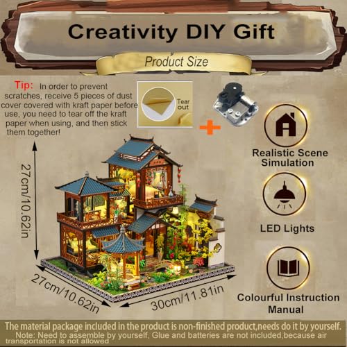 TOPBSFARNY 3D Wooden Miniature Assembled Dollhouse Kit,Chinese Style Yard Playground with Musical Creativity, Halloween Birthday Gift (with Dust Cover)