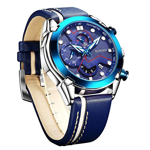 SUNVEN Men\'s Watches Waterproof Quartz - Business Wristwatch Gold Stainless Steel Sapphire Face Multi-Function Displays Luminous Hands 2019 Design (BlueLS)