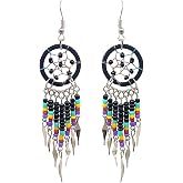 Solid Color Beaded Dreamcatcher Earrings for Women, Long Fringe Boho Dangle, Lightweight Handmade