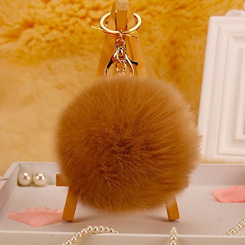 PRONOD 3.5 Inches Fluffy Rabbit Fur Pom Pom Charm Ball Key Ring Chain Gold Plated Keychain for Handbag Wallet Purse Car Key (Khaki)