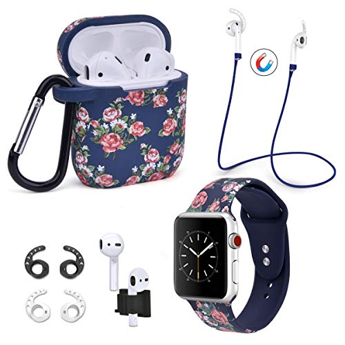 Airpods Case – Airspo 7 in 1 Airpods Accessories Set Compatible with Apple Airpods 1 & 2 [Front LED Not Visible] Protective Silicone Cover Floral Print Cute Case (Navy Rose+38/40mm)