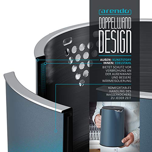 Arendo - Edelstahl Wasserkocher mit Temperatureinstellung 40-100 Grad in 5er Schritten - Doppelwand Design - Modell ELEGANT - 1,5 Liter - 2200 W - Teekocher mit Temperaturanzeige - GS - Admiral Blau – Bild 5