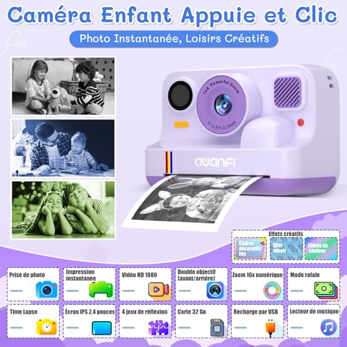Instant Camera Child Gift Toy Girl Boy 3-12 Years, AWANFI Digital Video Camera 1080P 32GB Card with 3 Rolls of Paper and Bluetooth APP Printing