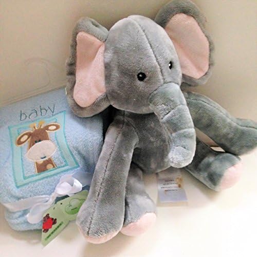PLUSH PInk Gray ELEPHANT TOY Baby Blue GIRAFFE BLANKET 30" Set Little Miracle