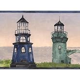 CONCORD WALLCOVERINGS Seashore Wallpaper Border Featuring Multiple Lighthouses on Shades of Blue, Colors Green Navy Blue Yellow, Size 6.75 Inches by 15 Feet KV79528