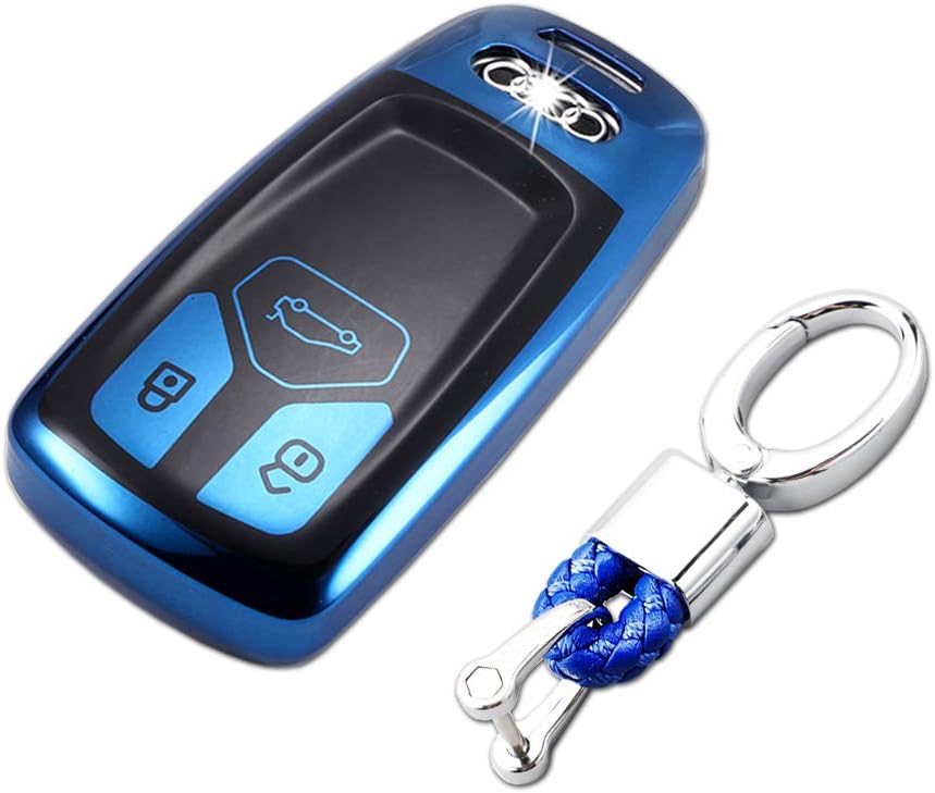 TurningMax Keyless Entry Remote Cases Smart Key Fob Cover with Keychain Full Protection Soft TPU Holder Shell for 3-Buttons Audi A4L TT A5 Q5L Q7 2016 2017 2018, etc – Blue