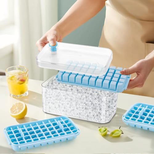 Cubiteras para Hielo, Cubitera con tapa,150 cubitos de hielo, incluye 3 bandejas para hielos, 1 pala de hielo, sin BPA, material apto para alimentos, ideal para whisky, cócteles, café, bebidas. (Azul)