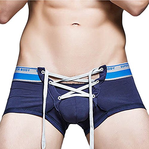 YiZYiF Men's Sexy Lingerie Cotton Tie Rope Sporty Boxer Brief Trunk Pants Navy Blue X-Large