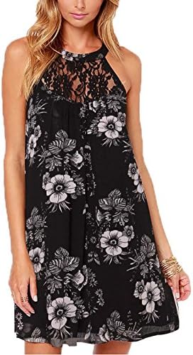 DREAGAL Women's Sleeveless Lace Patchwork Loose Casual Mini Chiffon Dress