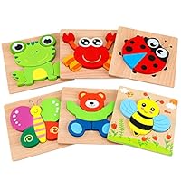 AKAMINO Wooden Animal Jigsaw Puzzles for Toddlers Kids 1 2 3 Years Old, Boys & Girls Educational Toys Gift with 6 Animals Patterns, Vibrant Color Shapes