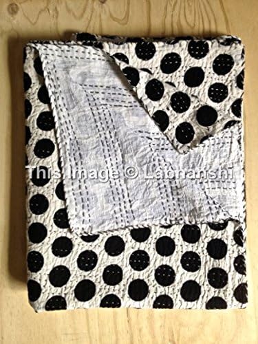 Queen Kantha Quilt, Kantha Bedspread Blanket, Kantha Throw, Queen Quilt Bedspread Bedding, Queen Black Polka Quilt, Indian Sari Quilt Bed Cover Bedding Ethnic Decor