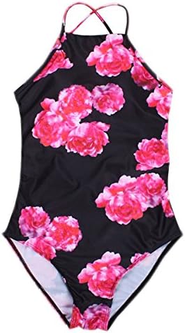 Summer Bay Women's High Neck Green Leaves Print Lace Up One Piece Monokini Swimsuit