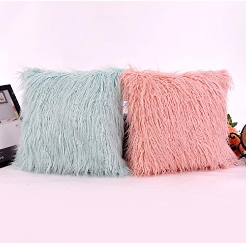 VANSILK Home Bed Decorative Super Soft Comfy Plush Mongolian Faux Fur Hidden Zipper Throw Pillow Case Cushion Cover Pink&amp; Green 18" x 18"(45x45cm) 2pcs