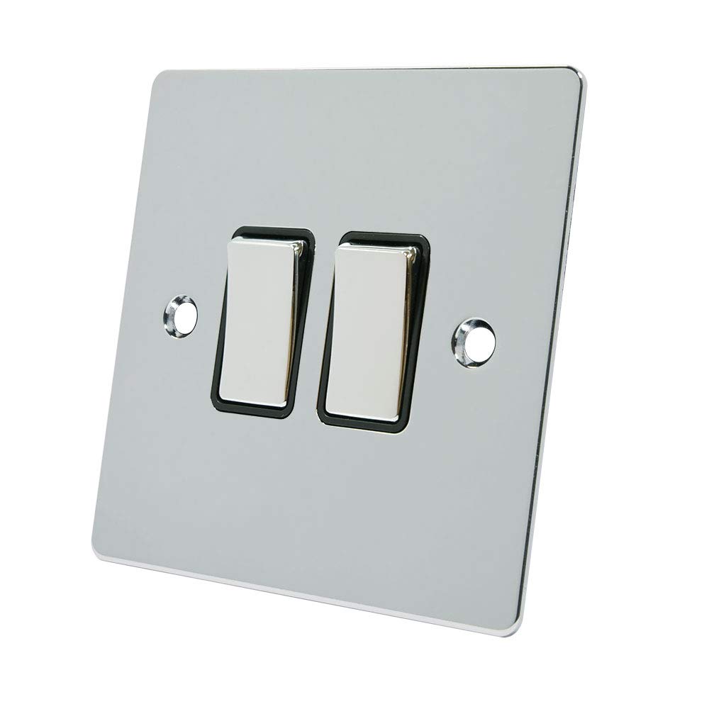 Alliance Electrical FPC2GSWIBC 10 A 2 Way 2 Gang Black Insert Flat Metal Rocker Light Switch - Polished Chrome