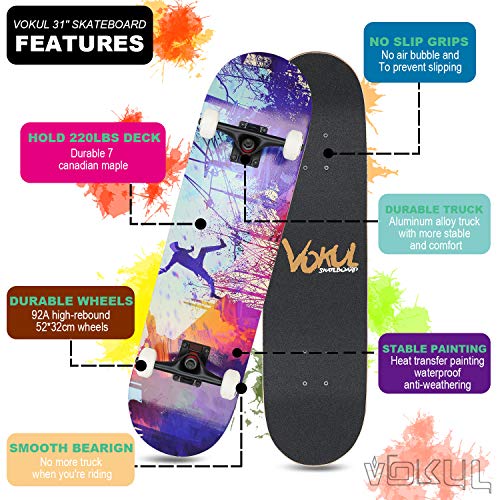 VOKUL Complete Skateboard for Kids Boys Girls Beginners - 31" X 8" inch Standard Skateboard with 7 Layer Maple Double Kick Concave Cruiser Skateboard with Beauty Pattern for Kids Youths Adults