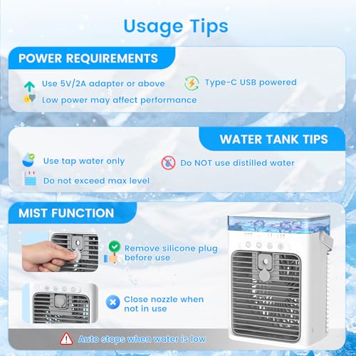 Mini Air Conditioner, 4-in-1 Portable Air Conditioner with 1000ML Water Tank Small AC Unit Air Cooler USB Powered Evaporative Cooler Cooling Fan with 2/4/8H Timer & Light for Office Bedroom Room