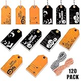 Whaline 120 Pack Halloween Gift Tags Trick or Treat Craft Label Tags with 130ft Cotton Rope for Halloween Party Favor, Candy Goodie Bag Art Hanging Cards