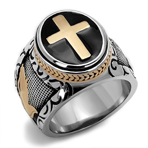 Stainless Steel Men Black & Silver Christian Holy Cross Prayer Ring Spj size 12.5