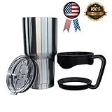 30 oz Coffee Mug Tumbler w/ Handle, Lid -- Stainless Steel Double-Wall Tumbler and Air-tight Lid w/ Slider Closure - BPA and DEHP Free